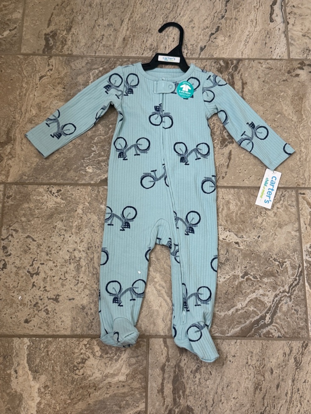 NWT Size 6-9 months Carter's Light Blue Ribbed Bicycle Footed One-Piece